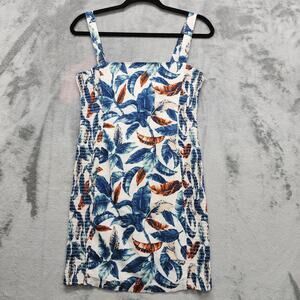 Robin K Heritage Dress Womens M Blue White Linen Blend Bellatrix Side Smocked